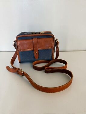 Madewell Camden Mini Crossbody Blue Suede Cognac Leather Camera Bag